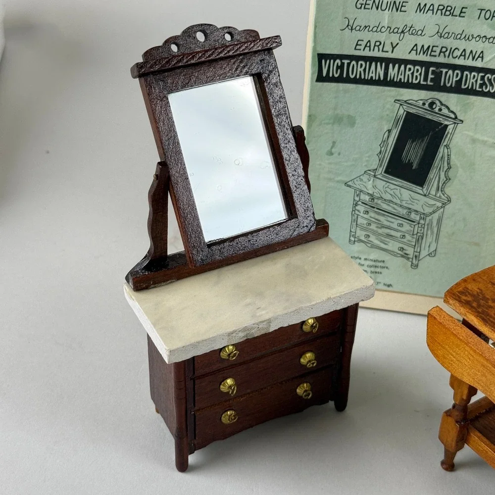 Vtg Doll house furniture Hardwood Miniature Victorian‎ Dresser and Tea Cart 1:12